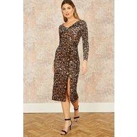 Yumi Women's Brown Velvet Leopard Print Fitted Midi Dress | Size: 10