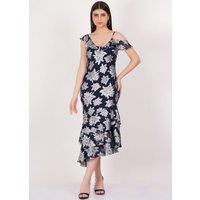 Gini London Women's Navy Floral Clipped Tiered Ruffle Midi Dress | Size: 14