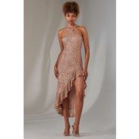 Jolie Moi Women's Cross Neck Side Ruffle Sequin Dress in Bronze | Size: 12