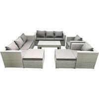 Fimous Outdoor Garden Furniture Rattan Sofa Set with 2 Armchairs Oblong Coffee Table 2 Big Footstools Light Grey Mixed
