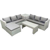 Fimous 7 Seater Garden Outdoor Rattan Furniture Set Rattan Garden Sofa Oblong Coffee Table with Big Footstool Side Table Light Grey Mixed