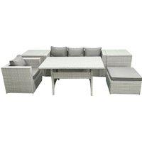 Fimous Rattan Garden Furniture Dining Set 5 Seater Lounge Sofa Chair Dining Table Set with Big Footstool Light Grey Mixed