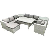 Fimous 7 Pieces Outdoor Rattan Sofa Set with Cushions Patio Garden Furniture Sets with Armchair Dining Table 2 Side Tables Big Footstool in Light Grey