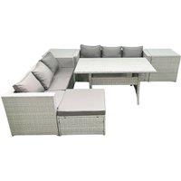Fimous Rattan Garden Furniture Set 7 Seater Outdoor Sofa Set with Dining Table 2 Side Tables Big Footstool Light Grey Mixed