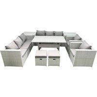 Fimous Rattan Garden Furniture Set Outdoor 8 Seater Patio Dinin g Sofa Sets w/ Dining Table 2 Chairs 2 Side Tables 2 Small Footstools Light Grey Mixed