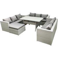 Fimous Rattan Garden Outdoor Furniture Set 10 Seater Garden Sofa Rectangulr Dining Table Set with Big Footstool Light Grey Mixed