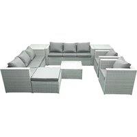 Fimous Outdoor Rattan Sofa Garden Furniture Set with 2 Armchairs Square Coffee Table Big Footstool 2 Side Tables Light Grey Mixed