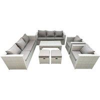 Fimous Outdoor Garden Furniture Rattan Sofa Set with 2 Armchairs Oblong Coffee Table 2 Small Footstools Light Grey Mixed