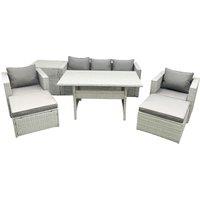 Fimous Garden Dining Set Outdoor Rattan Furniture Set with Sofa Dining Table 2 Chairs 2 Big Footstools Side Table Light Grey Mixed