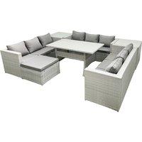 Fimous Rattan Garden Outdoor Furniture Set 10 Seater Garden Sofa Rectangulr Dining Table Set with Big Footstool 2 Side Tables Light Grey Mixed