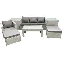Fimous Outdoor Rattan Garden Furniture Set w/ Grey Cushions Luxury 6 Seater w/ 2 Big Footstools & Coffee Table, 2 Side Tables For Conservatory, Patio