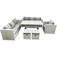 Fimous 6 Pieces Outdoor Rattan Sofa Set with Cushions Patio Garden Furniture Sets with Armchair Dining Table 2 Small Footstools in Light Grey