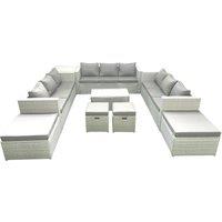Fimous 9 Pieces Rattan Garden Furniture Set Outdoor Garden Sofa Coffee Table Set with Side Table 4 Footstools Light Grey Mixed