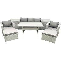 Fimous Garden Dining Set Outdoor Rattan Furniture Set with Sofa Dining Table 2 Chairs 2 Big Footstools 2 Side Tables Light Grey Mixed