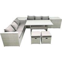 Fimous Rattan Garden Furniture Set 8 Seater Outdoor Sofa Set with Dining Table 2 Side Tables 2 Small Footstools Light Grey Mixed