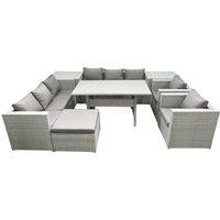 Fimous Rattan Garden Furniture Set Outdoor 8 Seater Patio Dinin g Sofa Sets with Dining Table 2 Chairs 2 Side Tables Big Footstool Light Grey Mixed