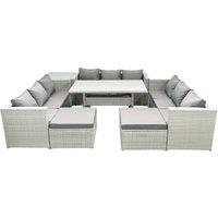 Fimous Rattan Garden Outdoor Furniture Set 11 Seater Garden Sofa Rectangulr Dining Table Set with 2 Big Footstools Side Table Light Grey Mixed