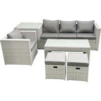 Fimous Rattan Garden Furniture Set Outdoor Lounger Sofa with Coffee Table 2 Small Footstools Light Grey Mixed 6 Seater