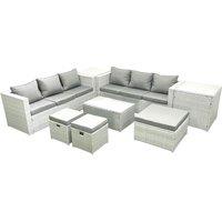 Fimous Garden Outdoor PE Rattan Furniture Set 9 Seater Rattan Garden Sofa Set with 3 Footstools 2 Side Tables Light Grey Mixed