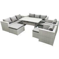 Fimous Rattan Garden Furniture Set Outdoor 8 Seater Patio Dinin g Sofa Sets with Dining Table 2 Chairs 3 Footstools Light Grey Mixed