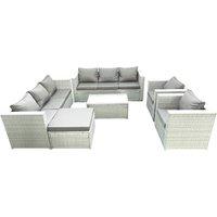 Fimous Outdoor Rattan Sofa Garden Furniture Set with 2 Armchairs Oblong Coffee Table Big Footstool Light Grey Mixed