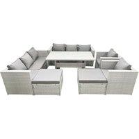 Fimous Rattan Garden Furniture Set Outdoor 8 Seater Patio Dinin g Sofa Sets with Dining Table 2 Chairs 2 Big Footstools Light Grey Mixed