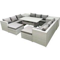 Fimous Rattan Garden Outdoor Furniture Set 11 Seater Garden Sofa Rectangulr Dining Table Set with 2 Big Footstools 2 Side Tables Light Grey Mixed