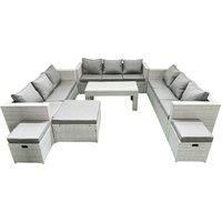 Fimous Rattan Garden Outdoor Furniture Set 12 Seater Garden Sofa Oblong Coffee Table Set with 3 Footstools Light Grey Mixed