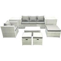 Fimous 8 Pieces Rattan Garden Furniture Set Outdoor Garden Sofa Chair Coffee Table Set with 2 Side Tables 3 Footstools Light Grey Mixed
