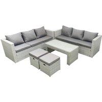 Fimous 8 Seater Garden Outdoor Rattan Furniture Set Rattan Garden Sofa Oblong Coffee Table with 2 Small Footstool Light Grey Mixed