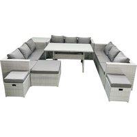 Fimous Rattan Garden Outdoor Furniture Set 12 Seater Garden Sofa Rectangulr Dining Table Set with 3 Footstools Side Table Light Grey Mixed