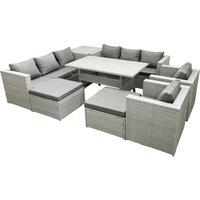 Fimous Rattan Garden Furniture Set Outdoor 8 Seater Patio Dinin g Sofa Sets with Dining Table 2 Chairs Side Table 2 Big Footstools Light Grey Mixed