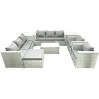 Fimous Outdoor Rattan Sofa Garden Furniture Set with 2 Armchairs Oblong Coffee Table Big Footstool 2 Side Tables Light Grey Mixed