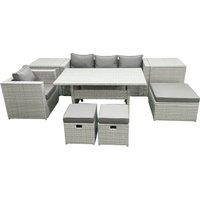 Fimous Rattan Garden Furniture Dining Set 7 Seater Lounge Sofa Chair Dining Table Set with 3 Footstools 2 Side Tables Light Grey Mixed