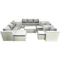 Fimous Outdoor Rattan Sofa Garden Furniture Set with 2 Armchairs Oblong Coffee Table 3 Footstools 2 Side Tables Light Grey Mixed
