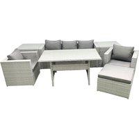 Fimous Garden Dining Set Outdoor Rattan Furniture Set with Sofa Dining Table 2 Chairs Big Footstool 2 Side Tables Light Grey Mixed