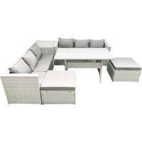 Fimous Rattan Garden Furniture Set 8 Seater Outdoor Sofa Set with Dining Table Side Table 2 Big Footstools Light Grey Mixed
