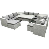 Fimous Rattan Garden Furniture Set Outdoor 8 Seater Patio Dinin g Sofa Sets with Dining Table 2 Chairs 2 Side Tables 3 Footstools Light Grey Mixed