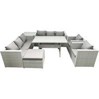 Fimous Rattan Garden Furniture Set Outdoor 8 Seater Patio Dinin g Sofa Sets with Dining Table 2 Chairs Side Table Big Footstool Light Grey Mixed