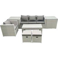 Fimous Rattan Garden Furniture Set Outdoor Lounger Sofa with Coffee Table 2 Small Footstools 2 Side Tables Light Grey Mixed