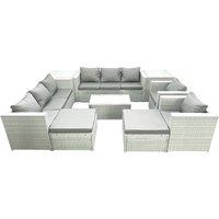 Fimous Outdoor Rattan Sofa Garden Furniture Set with 2 Armchairs Oblong Coffee Table 2 Big Footstools 2 Side Tables Light Grey Mixed