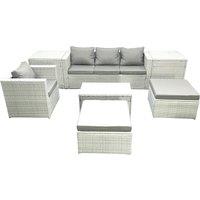 Fimous 7 Pieces Rattan Garden Furniture Set Outdoor Garden Sofa Chair Coffee Table Set with 2 Side Tables 2 Big Footstools Light Grey Mixed