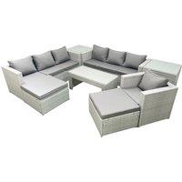 Fimous Wicker PE Rattan Sofa Garden Furniture Set with Oblong Coffee Table Armchair 2 Big Footstools 2 Side Tables Light Grey Mixed