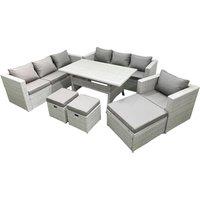 Fimous 7 Pieces Outdoor Rattan Sofa Set with Cushions Patio Garden Furniture Sets with Armchair Dining Table 3 Footstools in Light Grey
