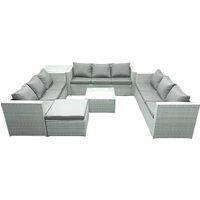 Fimous Rattan Garden Outdoor Furniture Set 10 Seater Rattan Garden Sofa Set with Big Footstool Side Table Light Grey Mixed