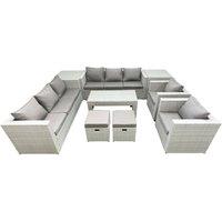 Fimous Outdoor Garden Furniture Rattan Sofa Set with 2 Armchairs Oblong Coffee Table 2 Small Footstools 2 Side Tables Light Grey Mixed