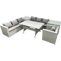 Fimous 6 Pieces Outdoor Rattan Sofa Set with Cushions Patio Garden Furniture Sets with Armchair Dining Table 2 Side Tables in Light Grey