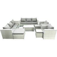 Fimous Outdoor Rattan Sofa Garden Furniture Set with 2 Armchairs Oblong Coffee Table 3 Footstools Light Grey Mixed