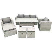 Fimous Garden Dining Set Outdoor Rattan Furniture Set with Sofa Dining Table 2 Chairs 3 Footstools Light Grey Mixed