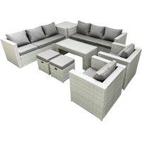 Fimous Outdoor Garden Furniture Rattan Sofa Set with 2 Armchairs Oblong Coffee Table 2 Small Footstools Side Table Light Grey Mixed